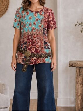 Johnny Was Los Angeles Floral Paisley Patchwork Tunic Top Boho High Low